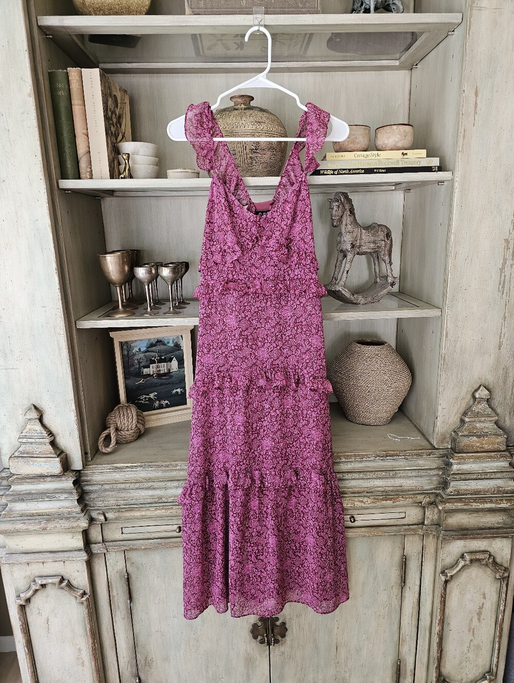 O.P.T One Pretty Time  Tiered Ruffle Pink Fuschia Maxi Dress - Picture 7 of 8